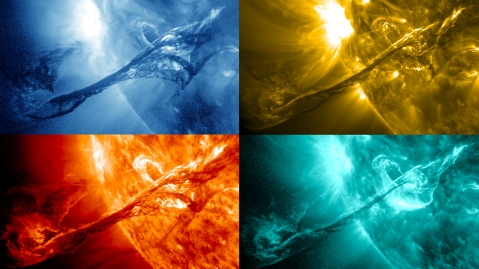 A  solar eruption on 2012 August 12 captured by NASA’s Solar Dynamic Observatory in four different extreme ultraviolet wavelengths- clockwise from upper left 335, 171, 131 and 304 Angstrom wavelengths [Credit: NASA/SDO/AIA/GSFC].